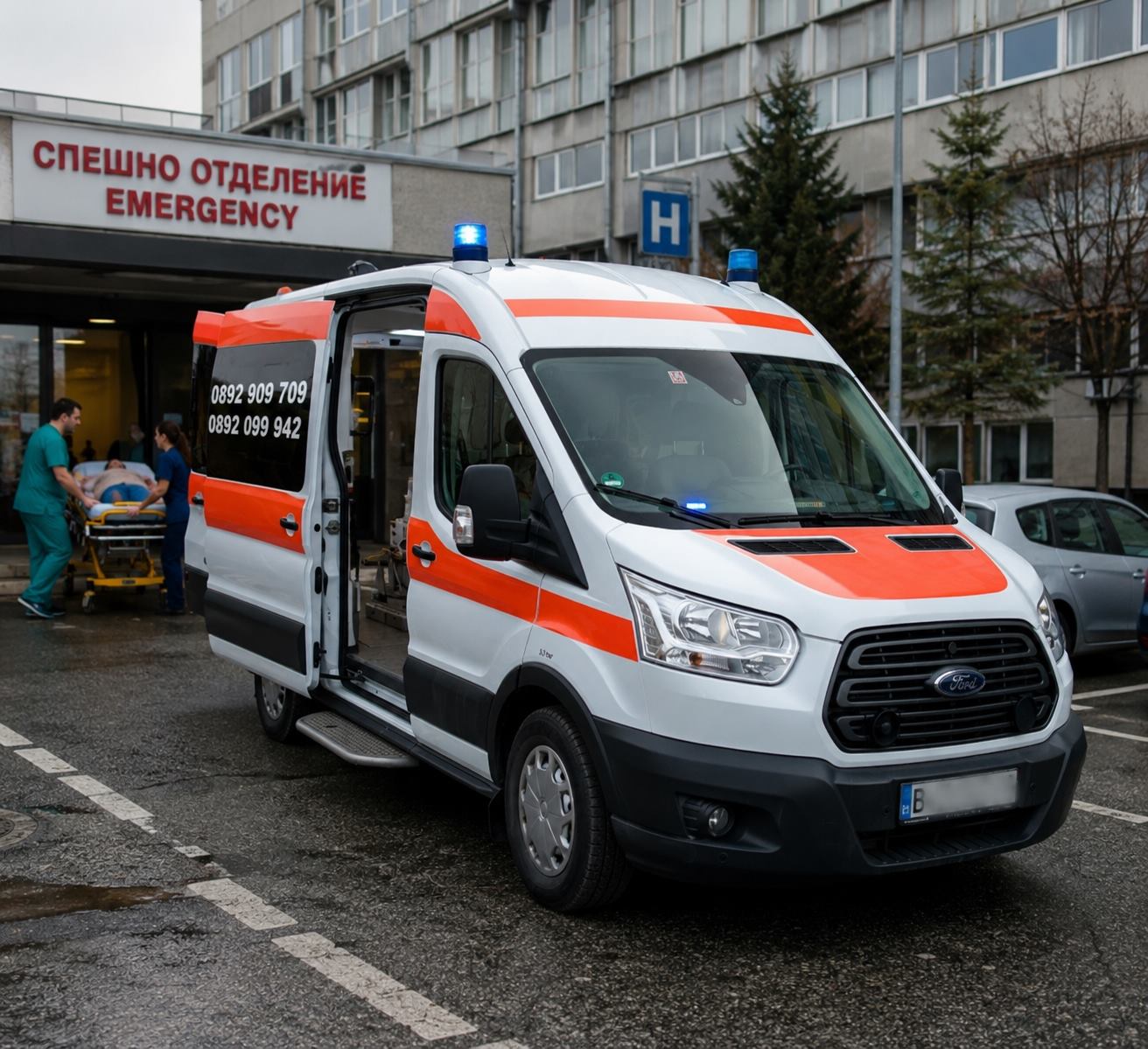 Транспорт от болница до дома с частна линейка на входа на спешно отделение